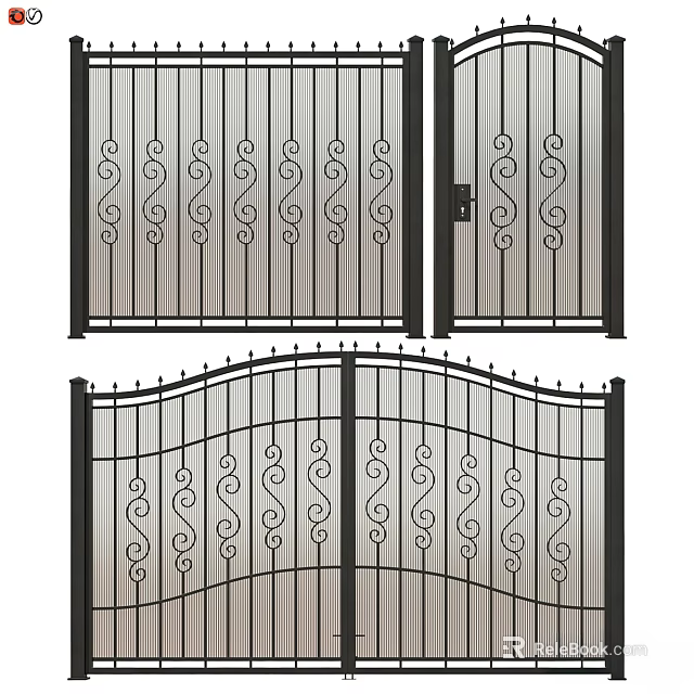 Wrought Iron Gate Design With Curved Scroll Patterns And Double Doors 3d model 