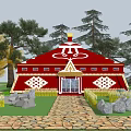 Red Traditional Yurt With White Patterns Trees Stone Path And Green Grass