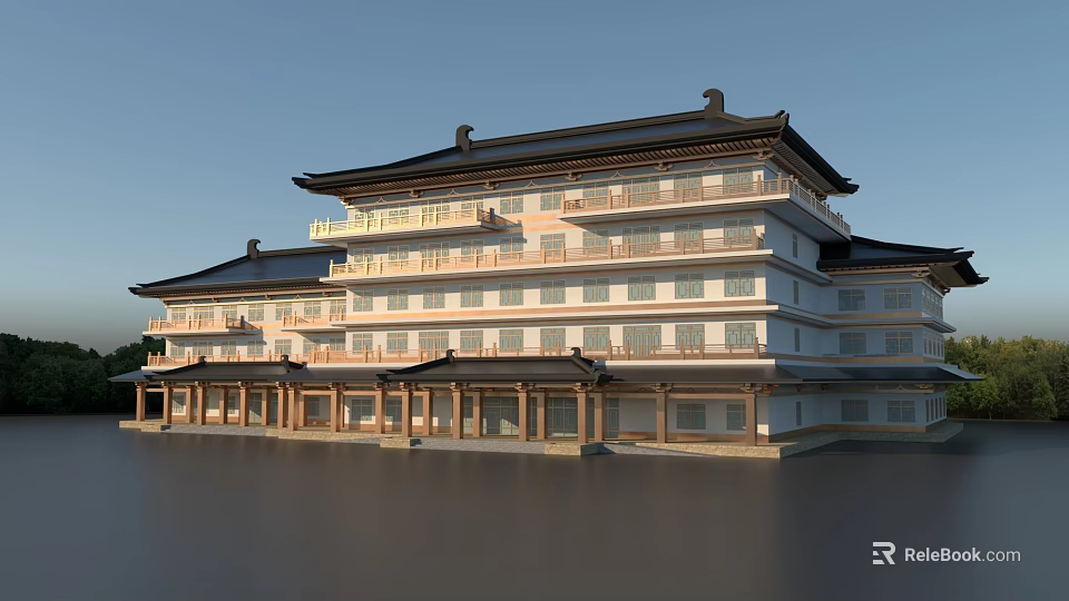 Traditional Chinese Style Hotel Building With Multi Story Structure And Pagoda Roof Design 3d model 