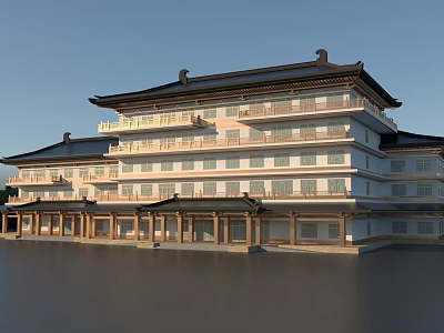 Traditional Chinese Style Hotel Building With Multi Story Structure And Pagoda Roof Design 3d model