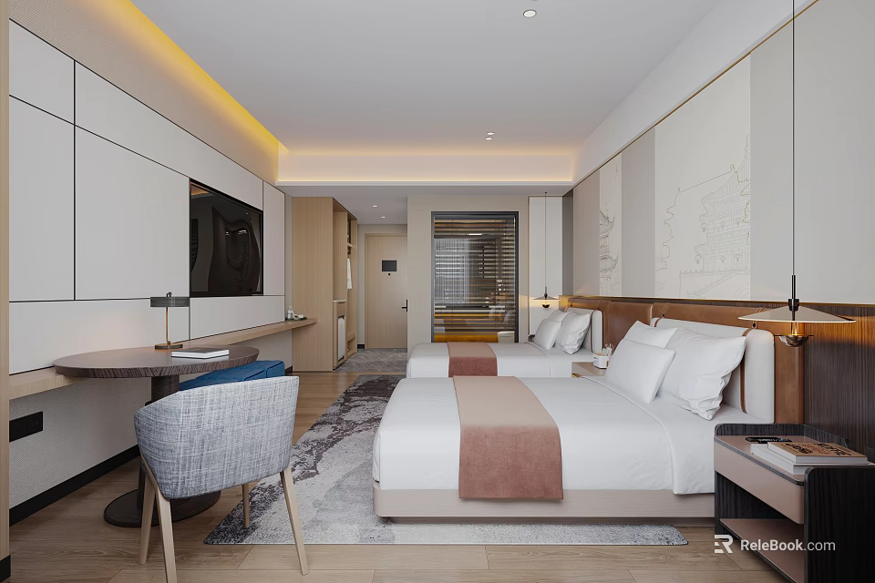 Modern Hotel Guest Room Interior With Double Bed Flat Screen TV Desk And Chair 3d model 