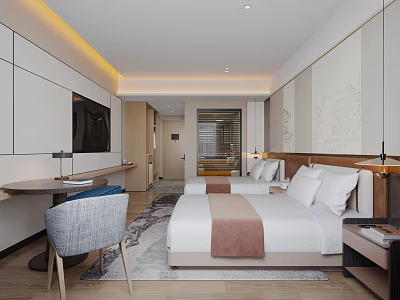 Modern Hotel Guest Room Interior With Double Bed Flat Screen TV Desk And Chair 3d model