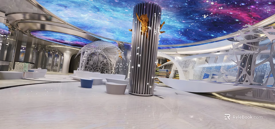 KTV Lobby Interior With Starry Ceiling Decorative Columns White Seats And Marble Floor 3d model 
