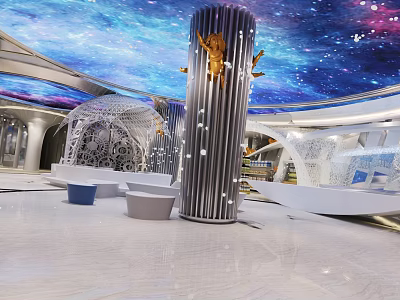 KTV Lobby Interior With Starry Ceiling Decorative Columns White Seats And Marble Floor 3d model