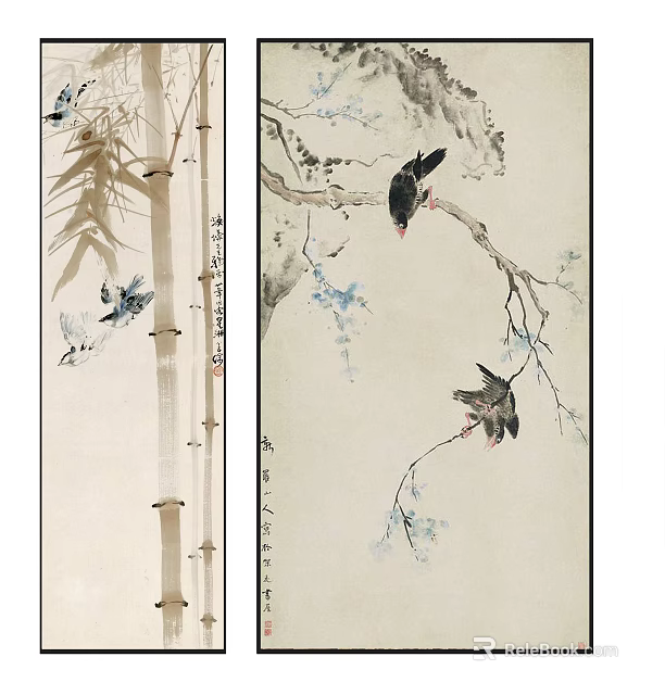 Classic Traditional Chinese Scroll Paintings With Bamboo Butterflies Birds And Flowers 3d model 