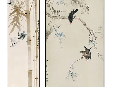 Classic Traditional Chinese Scroll Paintings With Bamboo Butterflies Birds And Flowers 3d model