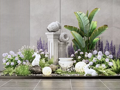 Indoor Landscape With Large Green Plants Stone Pillars White Sculptures And Purple Flowers 3d model
