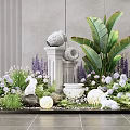 Indoor Landscape With Large Green Plants Stone Pillars White Sculptures And Purple Flowers