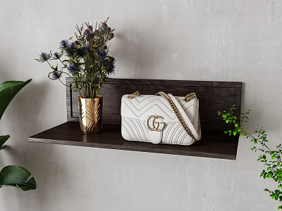 White fashion bag on dark wooden shelf with golden vase purple flowers and green plants 3d model
