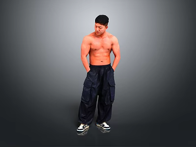 A Shirtless Muscular Man In Dark Cargo Pants And Black White Sneakers Against Grey Background 3d model