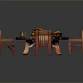 Outdoor Wooden Round Table With Four Chairs Fruit Basket And Wine Glasses