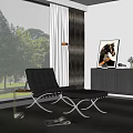 Leisure Sofa Set With Black Leather Chair Ottoman Large Window And Green Trees