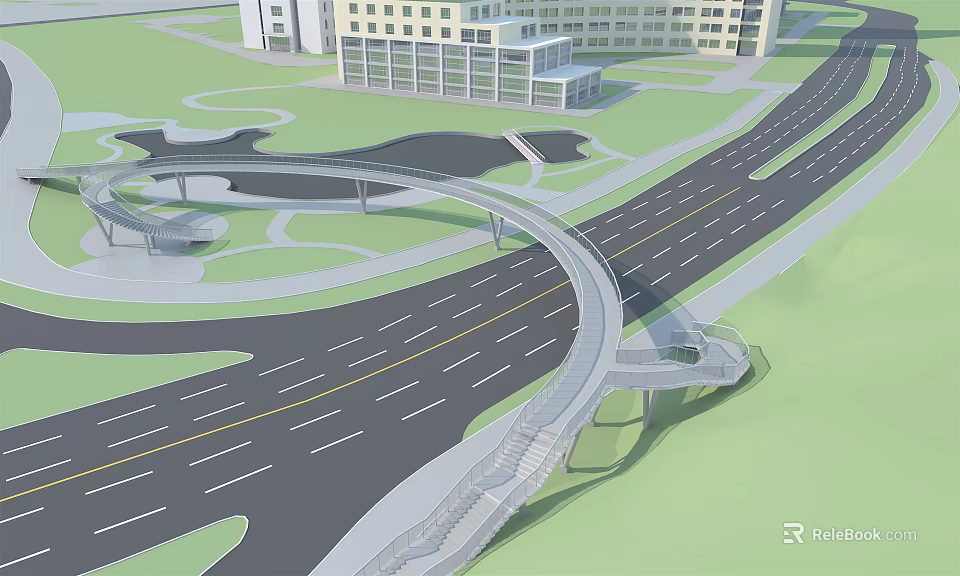 Modern Curved Bridge Over Urban Road Featuring Pedestrian Walkway And Buildings 3d model 