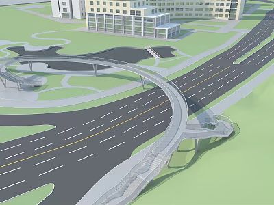 Modern Curved Bridge Over Urban Road Featuring Pedestrian Walkway And Buildings 3d model