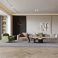 Modern Living And Dining Room Interior With Light Gray Sofa Green Armchair And Herringbone Floor