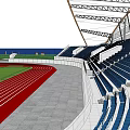 Sunlit Stadium Building With Red Running Track Blue Stands Green Lawn And Curved Roof