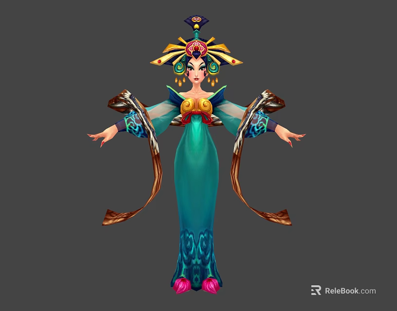 Woman In Traditional Ornate Costume With Elegant Blue Robe And Intricate Headdress Design 3d model 
