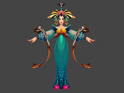 Woman In Traditional Ornate Costume With Elegant Blue Robe And Intricate Headdress Design 3d model