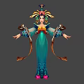 Woman In Traditional Ornate Costume With Elegant Blue Robe And Intricate Headdress Design