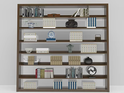 Modern Wooden Bookcase With Multiple Shelves Books Decorative Vases And Sculptures 3d model