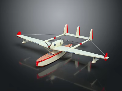 Vintage Red And White Seaplane Model With Floats And Wing Design 3d model