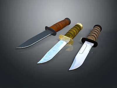 Assorted Tactical Knives With Wooden Gold Braided Handles And Sharp Metal Blades 3d model