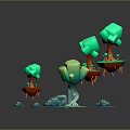 Low Poly 3D Scene With Blue Water Green Trees Orange Trunks Bridge And Stones