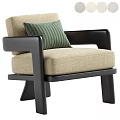 Beige Upholstered Accent Chair with Black Wooden Armrests and Green Striped Pillow