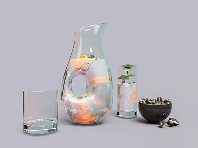 Orange Slices in Glass Pitcher Glass Cups with Mint Leaves and Black Beans in Bowl 3d model