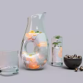 Orange Slices in Glass Pitcher Glass Cups with Mint Leaves and Black Beans in Bowl