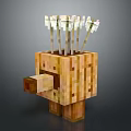 Minecraft Style Wooden Creature With Blocky Structure And Arrows On Head