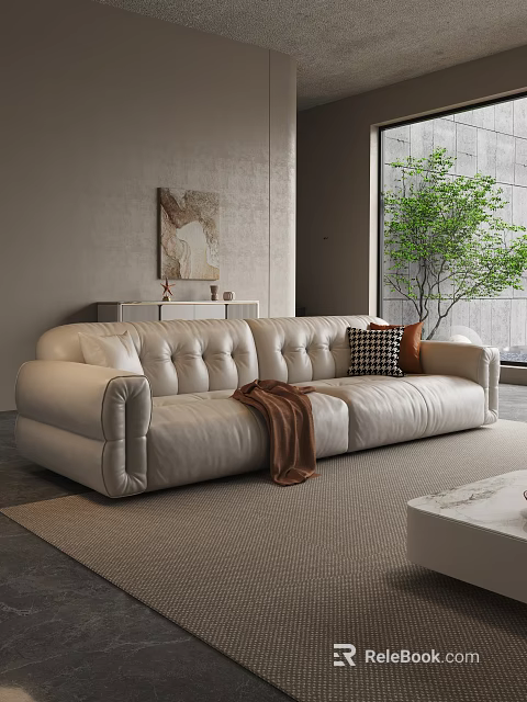 Cream Leather Tufted Sofa and Marble Coffee Table Set Featuring Pillows Blanket Artwork Green Plant 3d model 