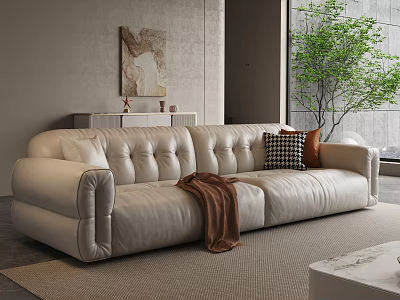 Cream Leather Tufted Sofa and Marble Coffee Table Set Featuring Pillows Blanket Artwork Green Plant 3d model