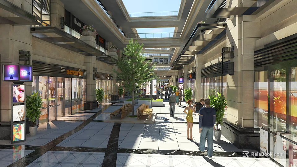 Spacious Shopping Mall Hall With Skylights Storefronts Greenery Shoppers And Tile Flooring 3d model 