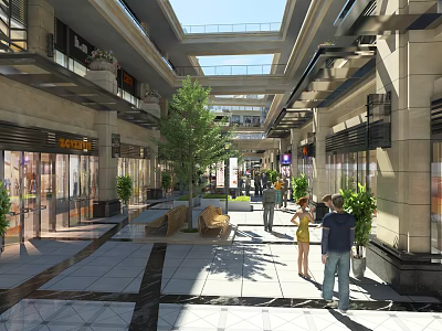 Spacious Shopping Mall Hall With Skylights Storefronts Greenery Shoppers And Tile Flooring 3d model