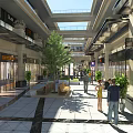 Spacious Shopping Mall Hall With Skylights Storefronts Greenery Shoppers And Tile Flooring