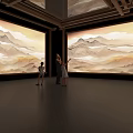 Spacious Exhibition Hall With Visitors Admiring Chinese Mountain Cloud Paintings On Walls And Ceiling