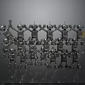 Silver Robots Arranged in Rows with Some Raising Hands on Gray Reflective Background