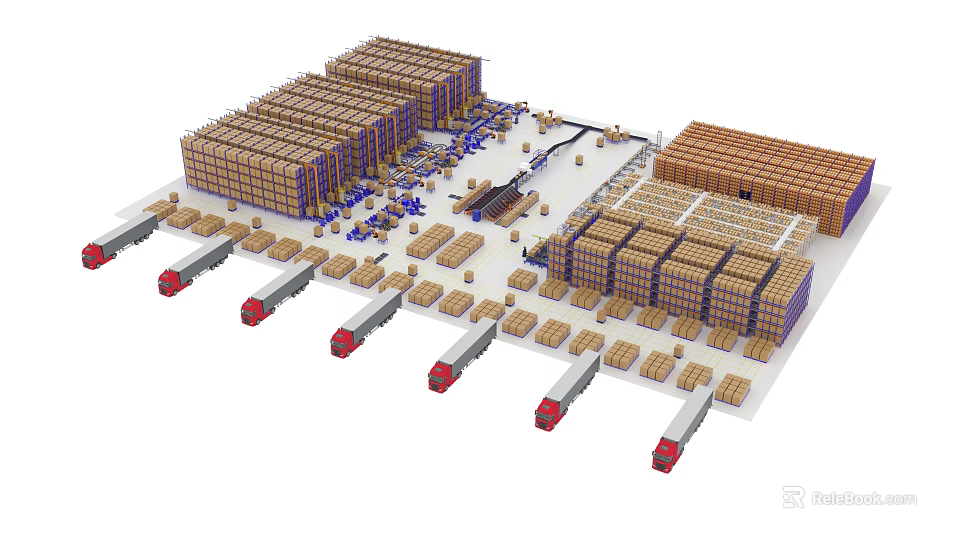 Efficient Industrial Equipment In Automated Warehouse With Conveyor Belts And Stacked Boxes 3d model 