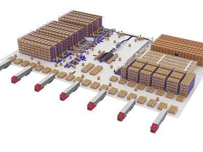 Efficient Industrial Equipment In Automated Warehouse With Conveyor Belts And Stacked Boxes 3d model
