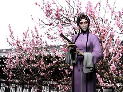 Traditional Chinese Woman In Purple Dress Holding Fan With Pink Plum Blossoms And Ancient Architecture 3d model