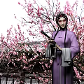 Traditional Chinese Woman In Purple Dress Holding Fan With Pink Plum Blossoms And Ancient Architecture