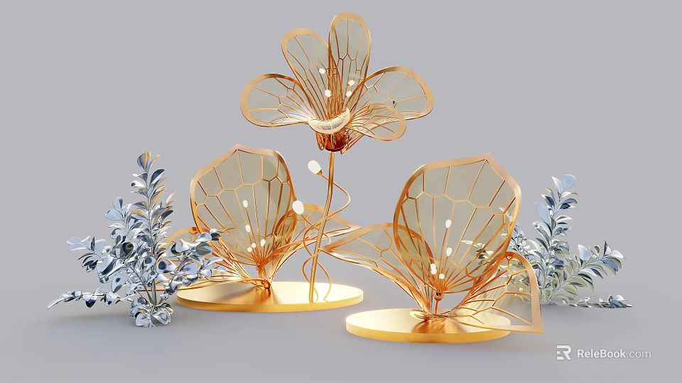 Floral Art Display Featuring Golden Metal Flower Shaped Structures And Silver Leaves 3d model 