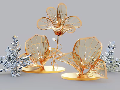 Floral Art Display Featuring Golden Metal Flower Shaped Structures And Silver Leaves 3d model