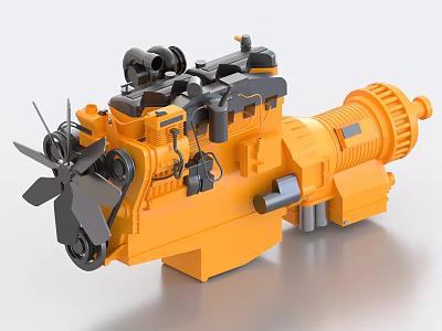 Orange Engine 3D Model With Mechanical Fan Blades And Black Components 3d model