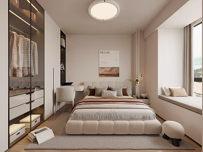 Modern Bedroom Interior with Striped Bed Window Seat Round Pendant Light and Decorative Painting 3d model