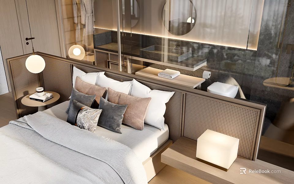 Modern Bedroom Open Design With Headboard Partition Multiple Pillows Round Mirror Table Lamp Bedside Table 3d model 