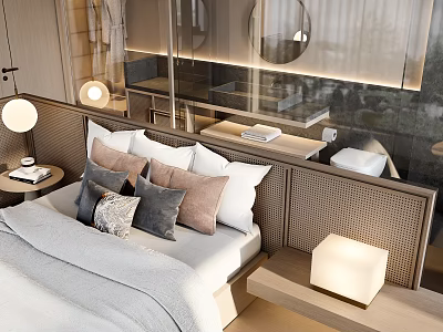 Modern Bedroom Open Design With Headboard Partition Multiple Pillows Round Mirror Table Lamp Bedside Table 3d model