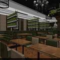 Elegant Restaurant Interior With Chandeliers Green Plants Round Tables And Green Chairs