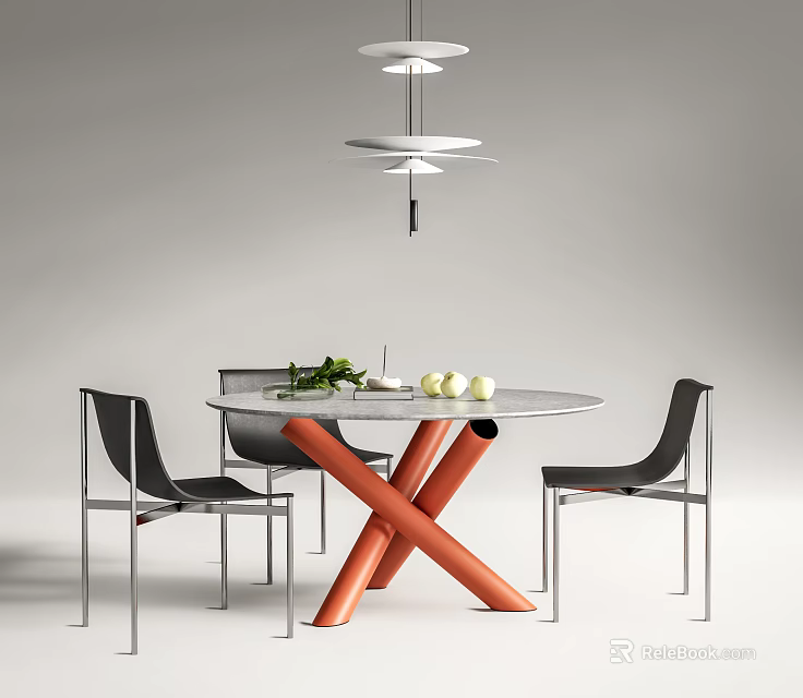 Modern Round Dining Table Set With Orange Legs And Black Chairs With Silver Metal Legs 3d model 